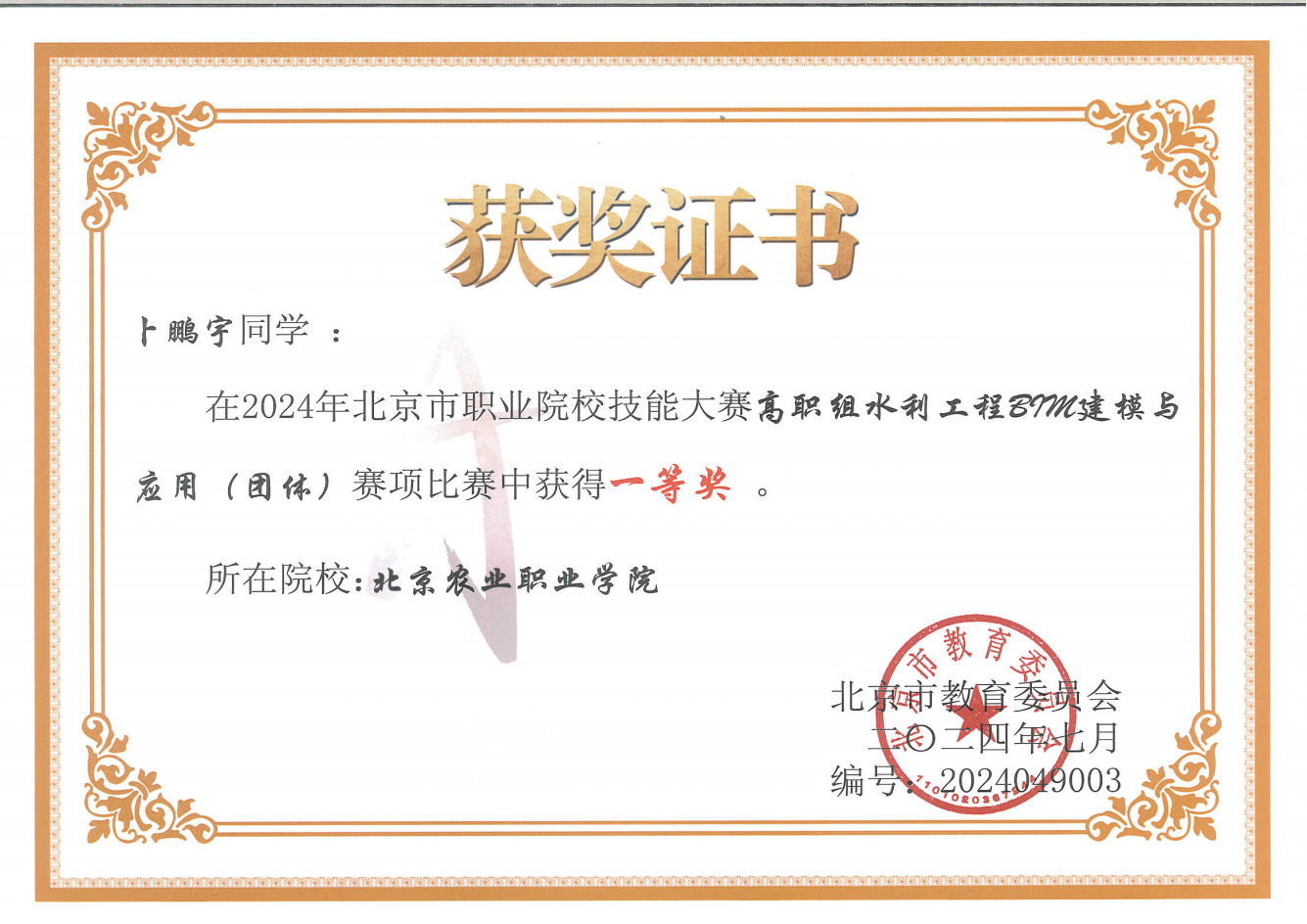 支部学生积极分子北京市职业院校学生技能大赛“水利工程BIM建模与应用”赛项一等奖 支部学生积极分子北京市职业院校学生技能大赛“水利工程BIM建模与应用”赛项一等奖